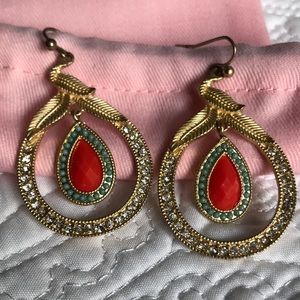 Dangle earrings with feathers, turquoise, coral